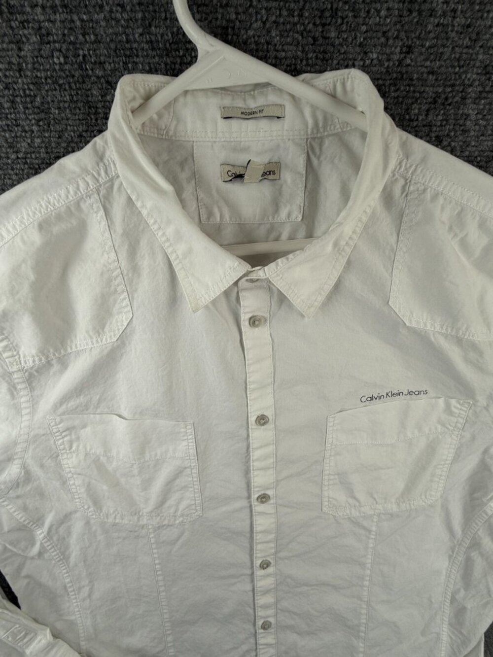Calvin Klein Button Up Shirt Long Sleeve White Cotton 2XL Modern Fit Pockets